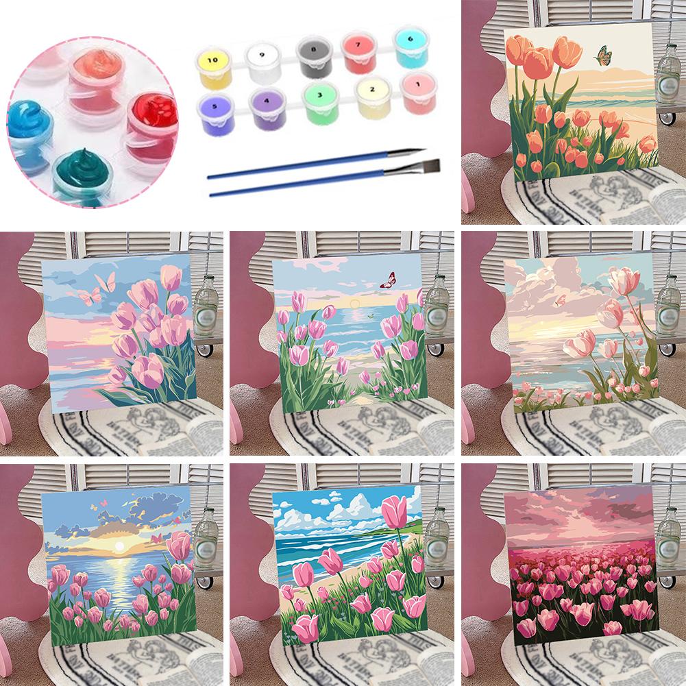 thumbnail image 3 of Wartleves Paisaje de tulipanes y mariposas con flores pintadas a mano, pintura al óleo digital DIY GXV, 3 of 7
