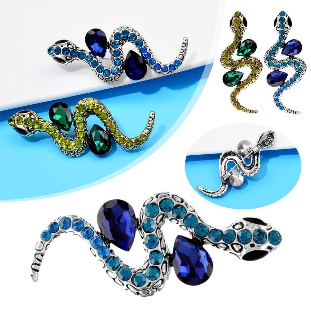 thumbnail image 2 of Wartleves Broche de serpiente de circonita de cristal azul y verde con brillantes diamantes de imitación en forma de serpiente AnimalθÆ, 2 of 7