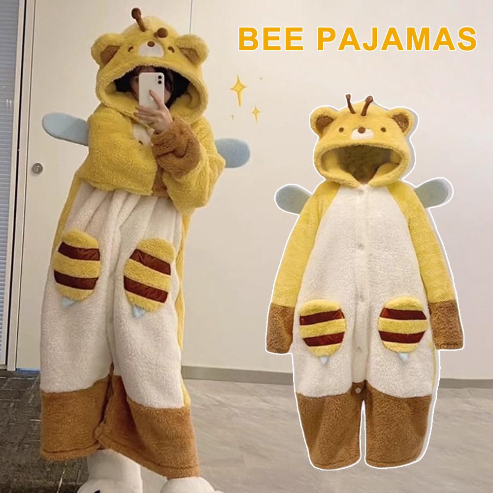 thumbnail image 3 of Wartleves Pijama con capucha de peluche y dibujos animados para mujer, cálido, kawaii, con bolsillo y diseño de abeja, 3 of 7