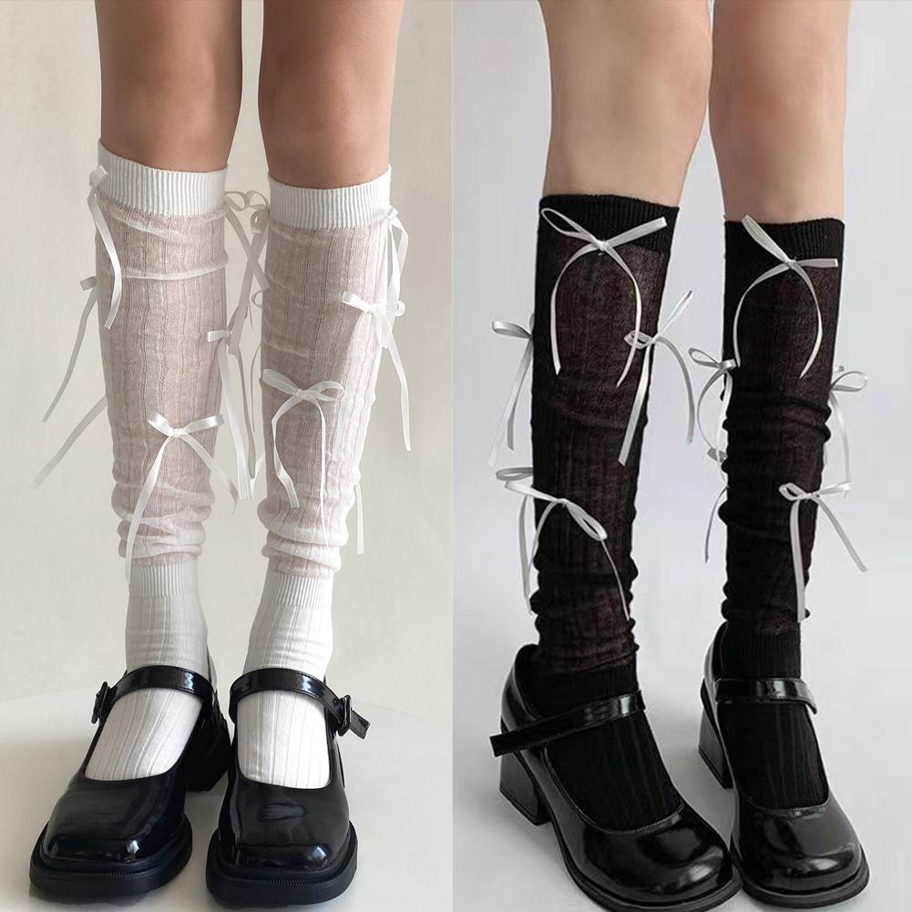 thumbnail image 2 of Wartleves 1 par de calcetines hasta la rodilla con cordones y lazo, transpirables, estilo ballet, para niñas, 2 of 7