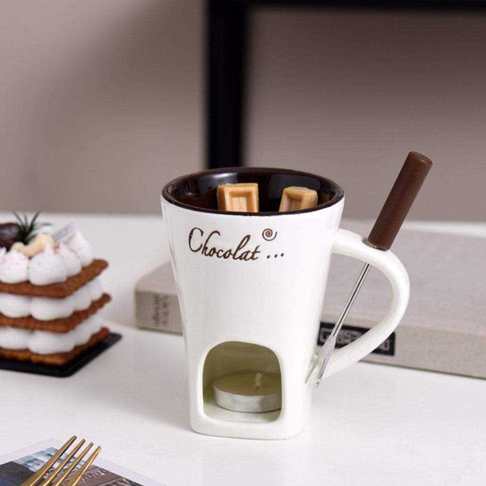 Chocolate Fondue Mugs, Ceramic Chocolate Fondue Coffee Cup With Forks, Butter Warmer Heating Tea Light Melting Pot, Melting Chocolate Fondue Simmer