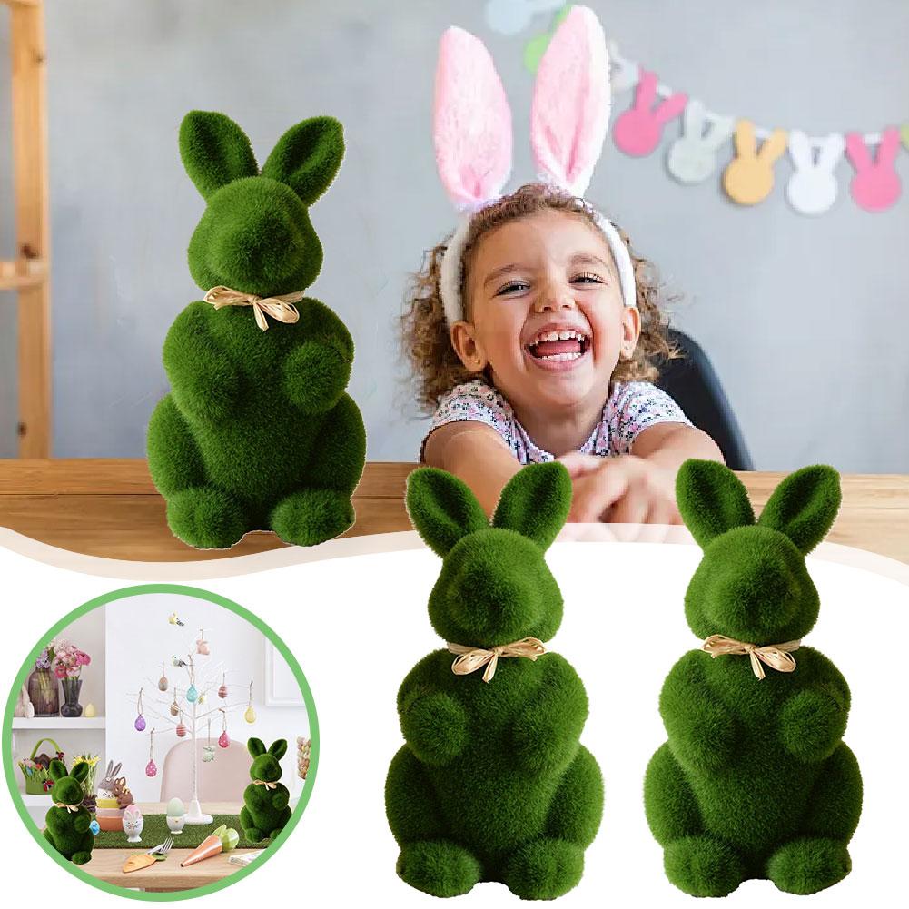 FAVOMOTO 2PCS Green Fuzzy Flocked Bunny Easter Holiday Spring Decor Small Sitting Rabbit Figurines Garden Outdoor Artificial Mosses Covered Rabbits ( Green