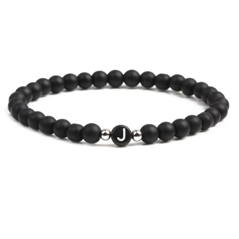 Pulsera de ágata negra natural esmerilada europea y americana con 26 letras, cuerda elástica con cuentas y letras, joyería personalizada para parejas.