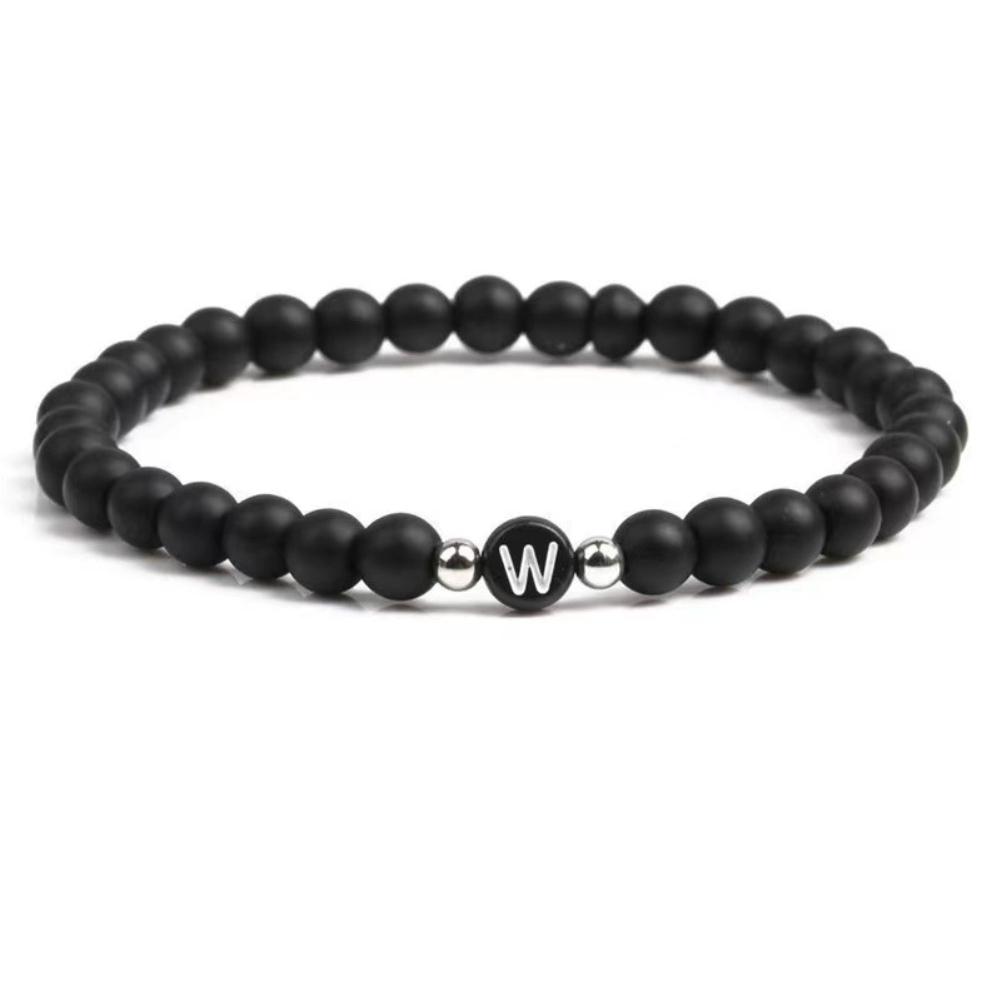 thumbnail image 1 of Pulsera de ágata negra natural esmerilada europea y americana con 26 letras, cuerda elástica con cuentas y letras, joyería personalizada para parejas., 1 of 2