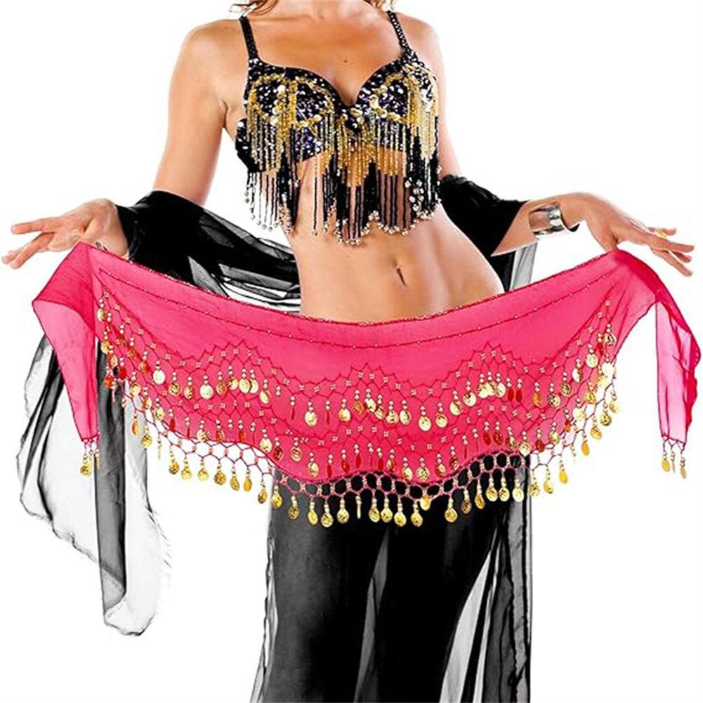 3 Rows Gold Coins Belt Belly Dance Costume Black Hip Scarf Dancing Skirt Wrap