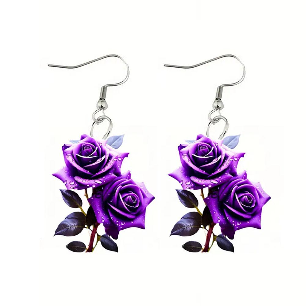 Romantic 2D Flat Rose Forest Flower Earrings Retro Art Style
