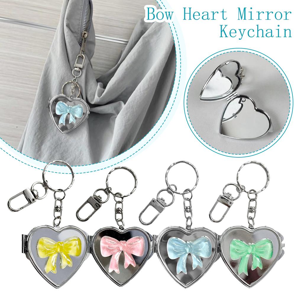 【VVV】韓国人気★Big Ribbon Heart Key Surgical Keyring Bow Heart Mirror Keychain Heart Pendant Keychain Beaded