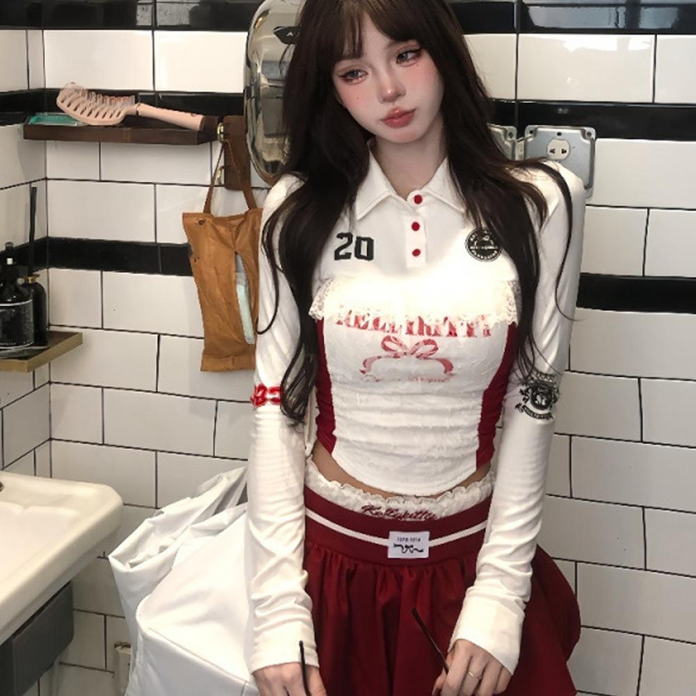 thumbnail image 1 of Wartleves Camiseta de encaje picante dulce americana Top de manga larga Tops ajustados adelgazantes Hot V0, 1 of 7