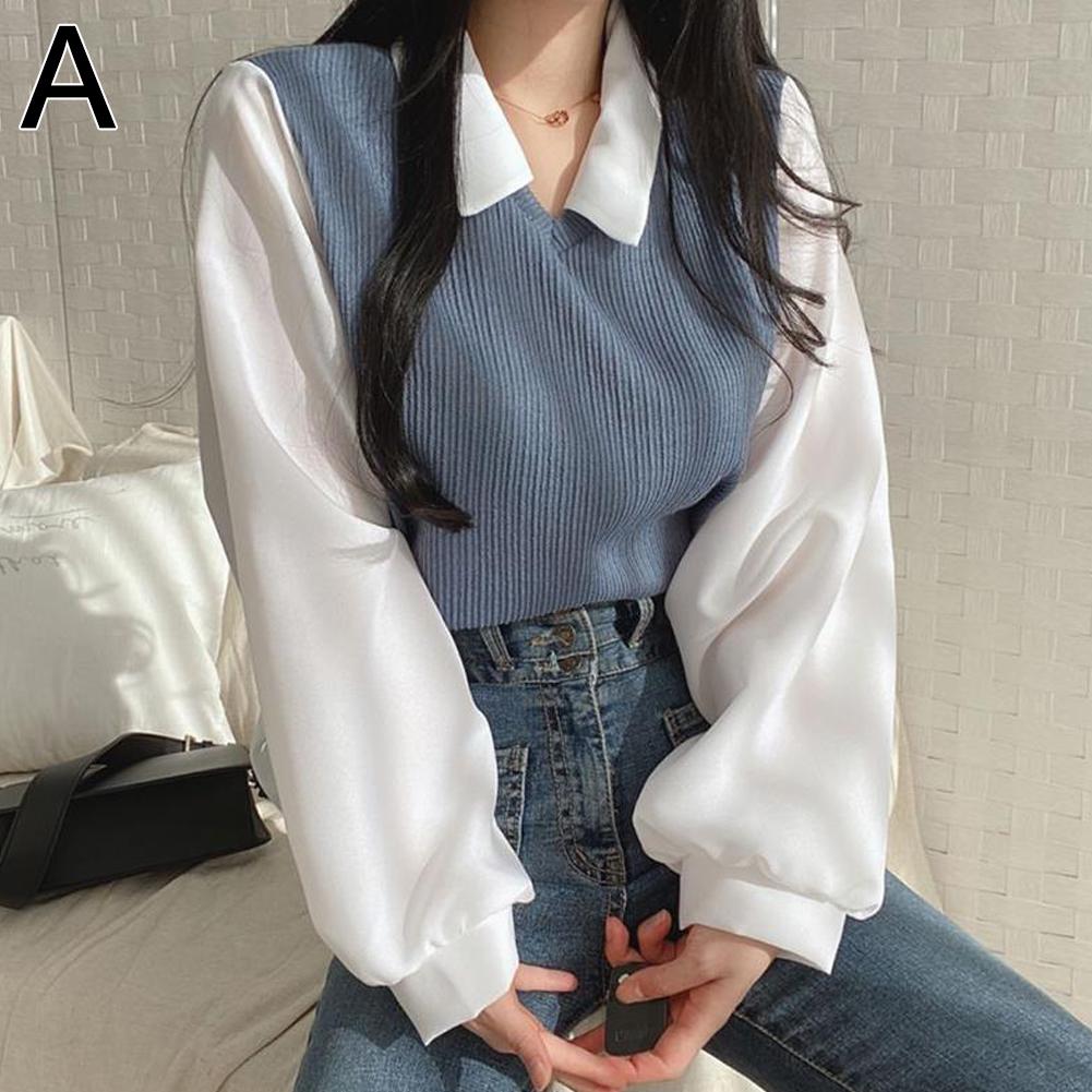 thumbnail image 1 of Wartleves Camiseta falsa de dos piezas para mujer, cuello empalmado, manga larga, parte superior holgada con rosca C6, 1 of 7