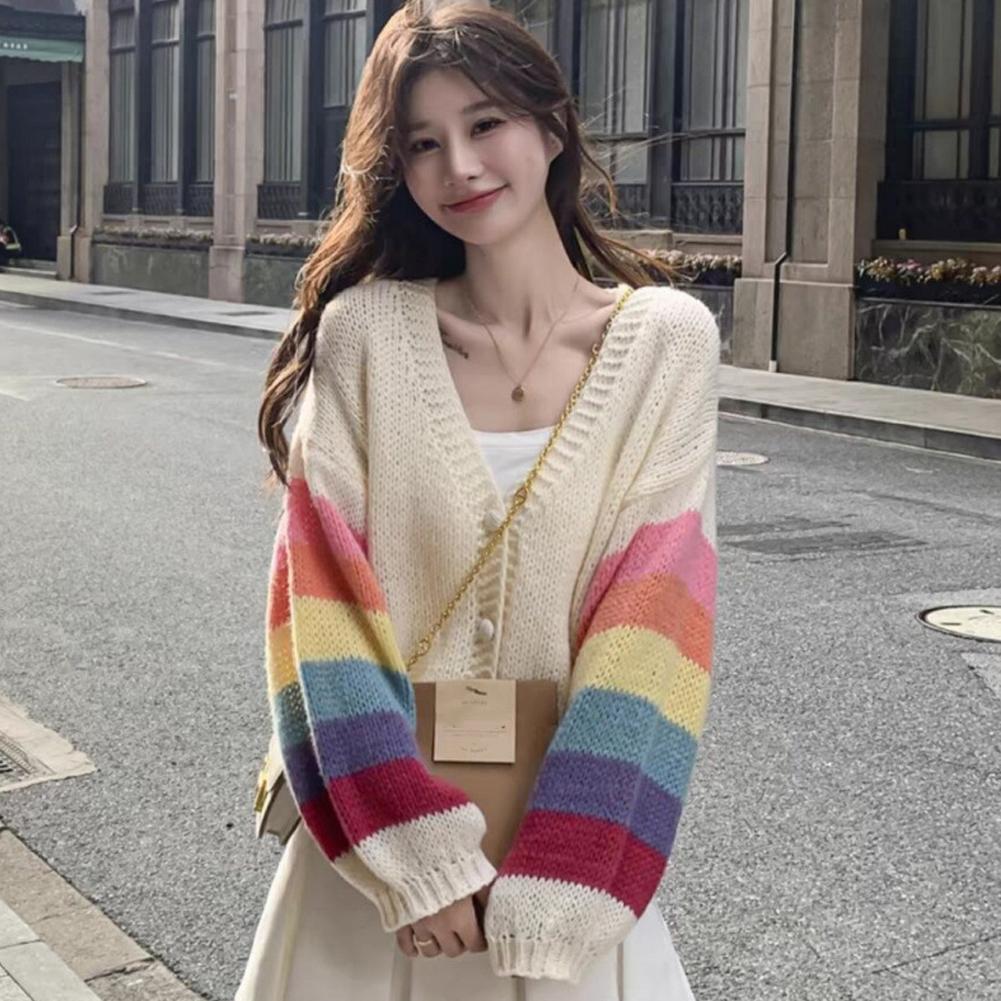 Wartleves Cárdigan de punto con bloques de color para mujer, novedad primavera 2025, diseño pequeño y holgado M7