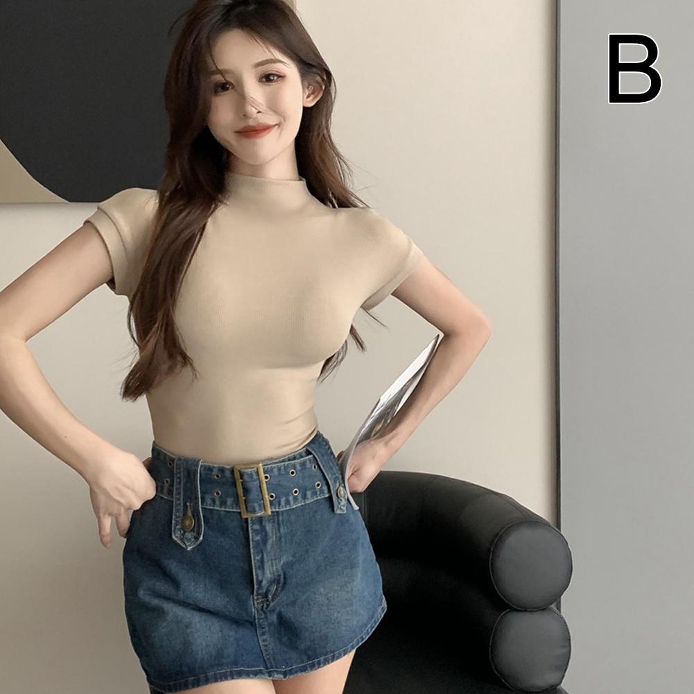thumbnail image 1 of Wartleves Camiseta de manga corta con cuello alto y estilo Pure Desire para mujer, 1 of 7
